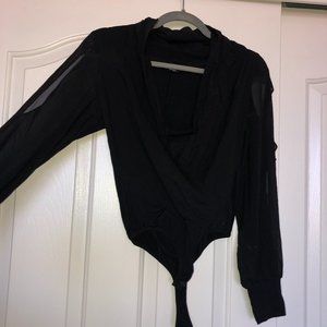 Bebe Black Sheer Front Deep V Thong Bodysuit